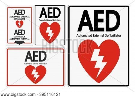 Set Symbol Aed Sign Label On White Background
