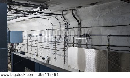 Subway Metro Underground Tube Tunnel With Concrete Wall And Railway. Transport Concept.