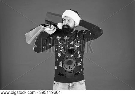 Heavy Bags. Pazzled Bearded Man New Year Present. Gift Packages From Santa. Xmas Winter Style. Onlin
