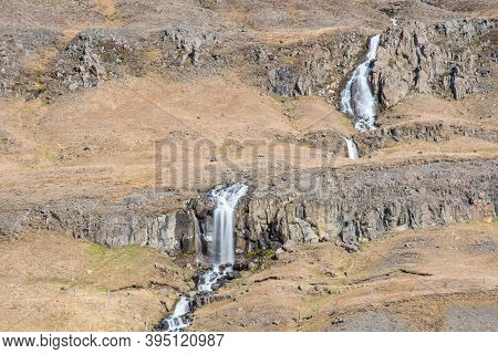 Waterfalls In Fljotsdalur In East Icelandic Countryside