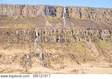 Waterfalls in fljotsdalur in east Icelandic landscape