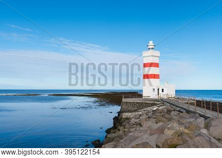 The Old Gardskagaviti Lighthouse On The Coast Of Reykjanes Peninsula In Iceland