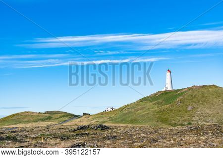 Lighthouse Of Reykjanes In Iceland On A Sunny Autumn Day