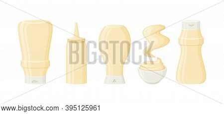 Mayonnaise Sauce Vector Bottles, Jar, Bowl And Stain. 3d Cartoon Mayo Packaging, Mock Up. Condiment 