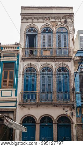 Rio De Janeiro, Brazil - December 26, 2008: El Centro District. Colorful Facade With Blue Window Shu