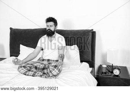 I Love Meditation. Brutal Hipster Do Meditation In Bed. Bearded Man Enjoy Meditation Practice. Medit