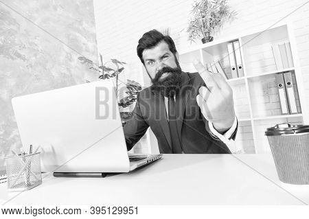 Fuckoff Oclock. Businessman Show Middle Finger Working In Office. Obscene Hand Gesture. Nonverbal Co