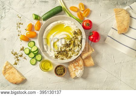Popular Middle Eastern Appetizer Labneh Or Labaneh, Soft White Goat Milk Cheese With Olive Oil, Hyss