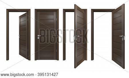Set Of Modern, Solid Wood, Single, 3d Realistic Entrances. Front View Of Closed And Open Intside, Ou