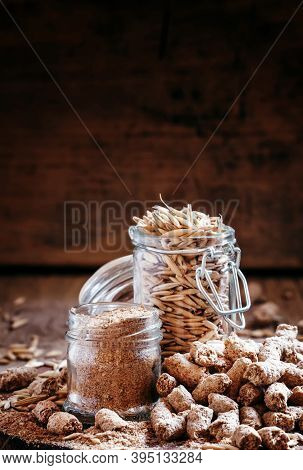 Oat Bran, Grain Oats, Oat Flour, In Glass Jars, Vintage Wooden Background, Selective Focus