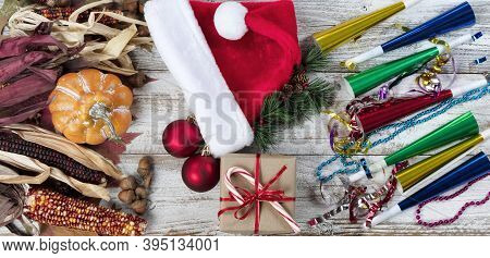 Seasonal End Of Year Holidays Of Happy Thanksgiving, Merry Christmas, And Happy New Year