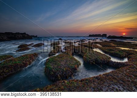 Amazing Seascape. Ocean With Moving Wave. Low Lide. Stones Covered By Green Moss And Seaweeds. Sun O