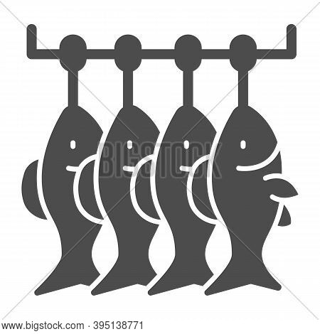 Dried Fish Solid Icon, Fish Market Concept, Sea Roach Sign On White Background, Four Dried Fish Hang