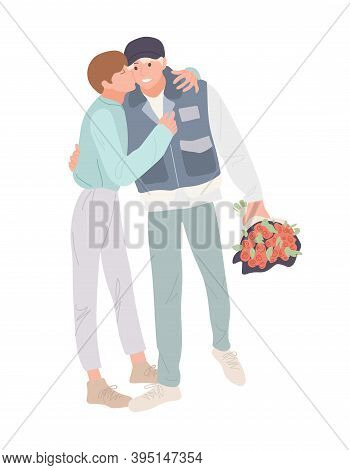 Same-sex Couple Declaration Of Love. Man Gives Gift, Bouquet Of Roses. Enjoying A Romantic Moment, S