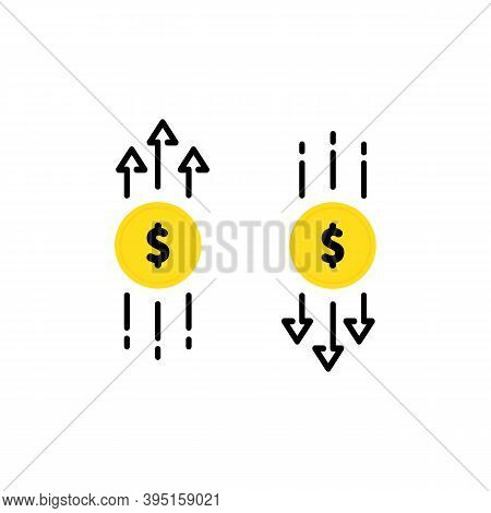 Dollar Rate Decrease Or Increase Icon. Money Rate Icon. Money Increase. Money Decrease With Coins. C