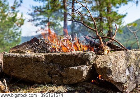 Fishermen's Camp On The Island With A Bonfire. Lake Tagasuk. Krasnoyarsk Territory, Siberia, Russia