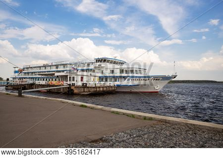 Myshkin, Russia - May 10, 2019: Cruise On The Volga. The Cruise Ship Alexander Grin Stopped At The P