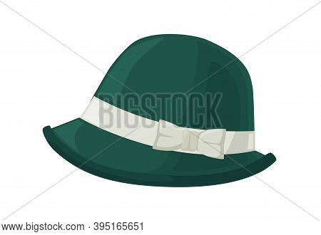 Retro Green Women Hat In 30s Or 20s Style. Woolen Female Vintage Headwear Decorated With Ribbon And 