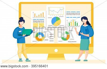 Girls Working And Analyzing Financial Statistics On The Background. Female Employees Standing And Co