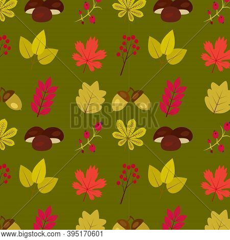 Background Pattern, Pattern With Autumn Leaves, Berries, Chestnuts And Acorns.