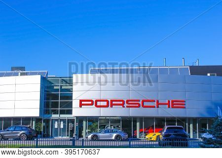 Kyiv, Ukraine - July 29, 2020: Porsche Automobile Dealership Exterior. Porsche Automobile Holding Is