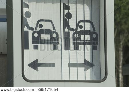 Motorway Toll Plaza Road Sign, Pictogram With Car And Toll Booth