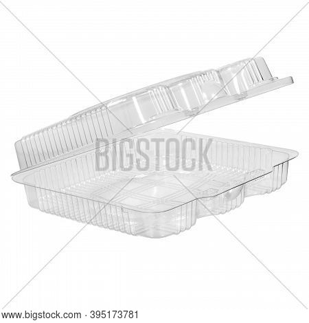 Reusable Plastic Transparent Box For Takeaway, Picnic Or Store Food Isolated On White