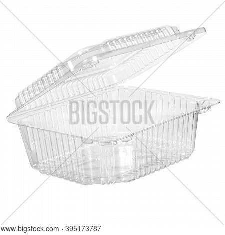 Reusable Plastic Transparent Box For Takeaway, Picnic Or Store Food Isolated On White