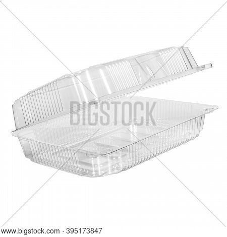 Reusable Plastic Transparent Box For Takeaway, Picnic Or Store Food Isolated On White