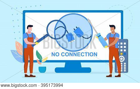 Service Repair Of Tvs, Smart Consoles. Handymen Workers, Msters Repairing Broken Tv Set. Cartoon Fla