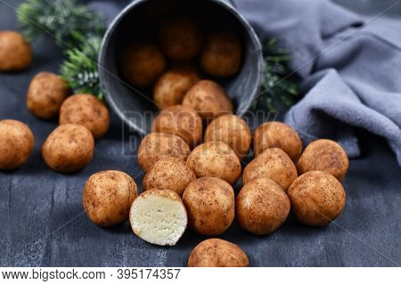 Traditional German Christmas Sweets Called 'marzipankartoffeln'. Round Ball Shaped Almond Paste Piec