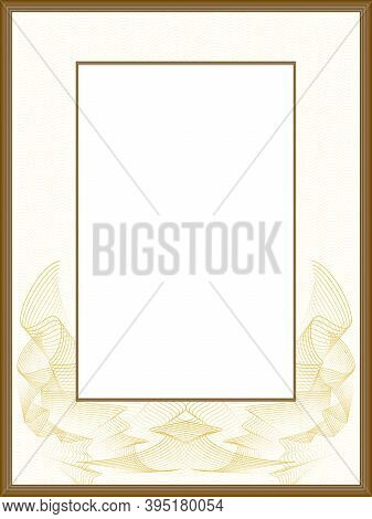 Golden Line Art Design For Passe-partout. Vintage Border With Guilloche Pattern. Brown Vector Pictur