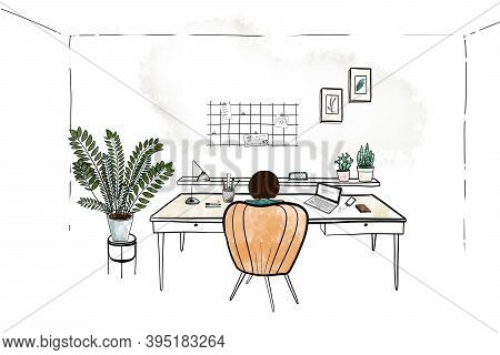 Office Workstation Furniture Interior Concept. Flat Graphic Design Cartoon Illustration. Workspace W