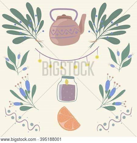 Set With Cute Stickers And Icons In Pastel Colours
