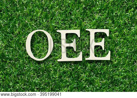Wood Alphabet Letter In Word Oee (abbreviation Of Overall Equipment Effectiveness) On Green Grass Ba