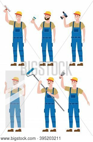 Set Construction Workers With Cordless Screwdriver, Glass Sheet, Brush, Rollerbrush, Plastering Trow