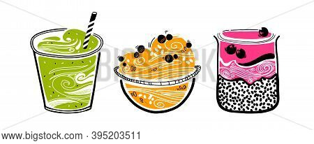 Chia Pudding, Granola, Smoothie In Doodle Style On White Background. Hipsters Healthy Food Concept. 