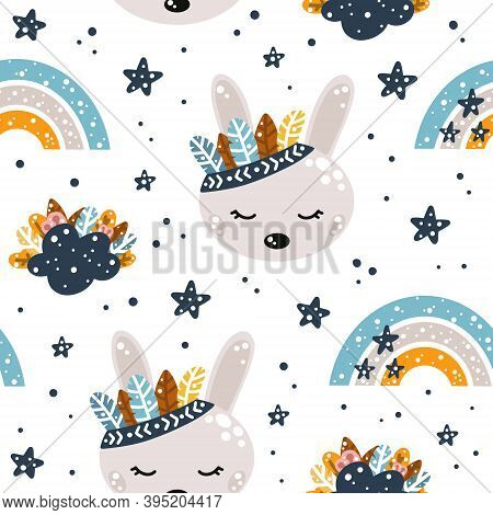 Cute Seamless Pattern With Rainbow, Bunny, Clouds, Feathers And Stars In Scandinavian Style Isolated