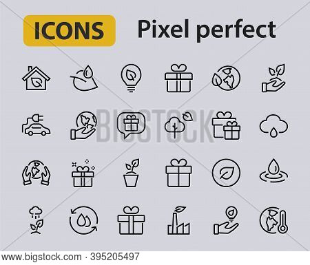 Set Of Ecology Icons, Vector Lines Contains Such Icons As An Electric Car, Global Warming, Forest, E