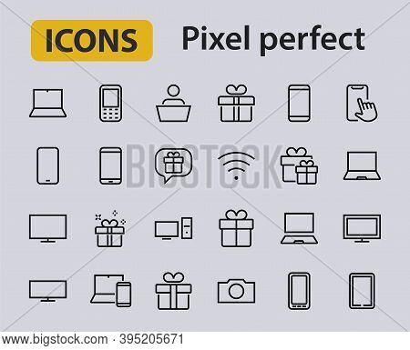 Smart Devices And Gadgets Linear Icons Set, Vector, Contains Icons Computer, Camera, Laptop, Phone,