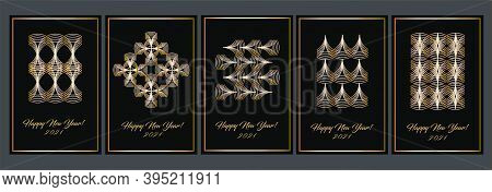 New Year Vintage Greetings Cards Set With Golden Geometry In Luxury Minimalism Style. Cards On Black