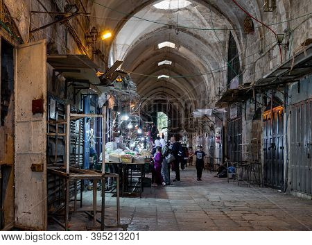 Jerusalem, Israel, October 24, 2020 : Few Shoppers Shop At The Few Open Small Shops On Suq El Qatani