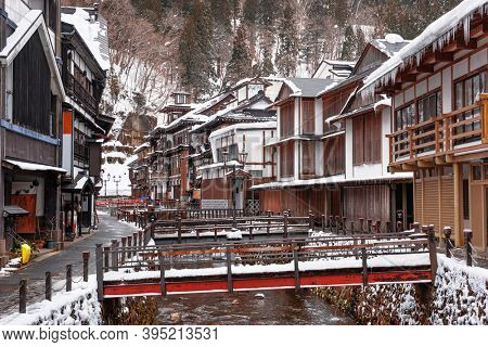 Obanazawa Ginzan Onsen, Japan hot springs town in the snow.