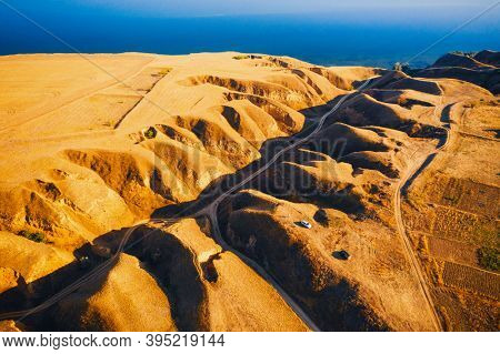 Panoramic drone view of an incised meander of the river. Aerial photography. Location place Grand canyon Stanislav, Dnieper Bay of Ukraine, Europe. Art photo wallpaper. Discover the beauty of earth.