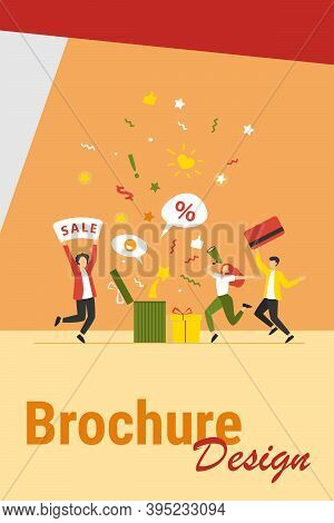 Customers Celebrating Sale. People Holding Gift, Credit Card, Loudspeaker, Dancing, Having Fun. Vect