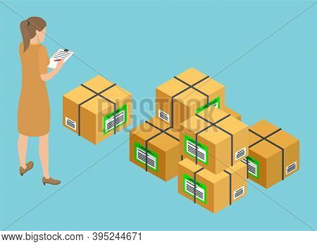 Woman With Clipboard Checking Parcels In List, Orders, Send To Customer. Delivery Of Goods, Products