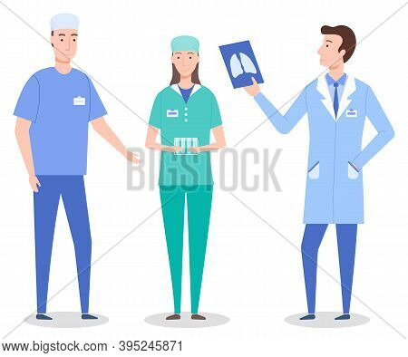 Set Cartoon Characters Of Medical Staff, Workers. Healthcare Medicine Concept. Surgeon Wearing Medic