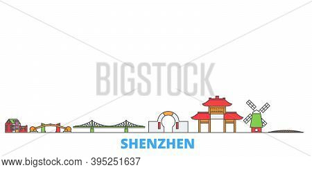 China, Shenzhen Line Cityscape, Flat Vector. Travel City Landmark, Oultine Illustration, Line World 