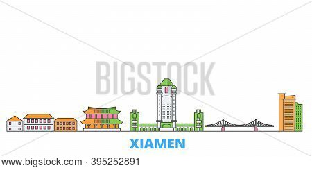 China, Xiamen Line Cityscape, Flat Vector. Travel City Landmark, Oultine Illustration, Line World Ic