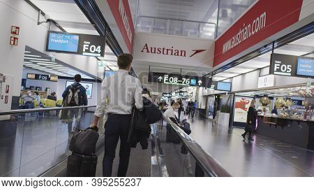 Vienna, Vienna/austria - November 2nd 2020: Passengers Waiting At Vienna Airport. Only A Few People 